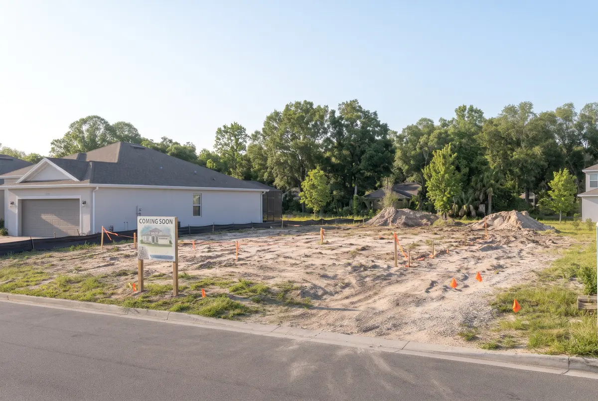 Empty lot with survey stakes
