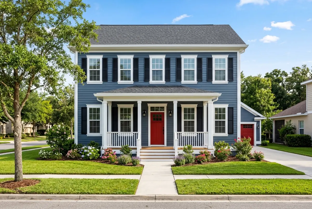 House freshly painted slate blue with white trim
